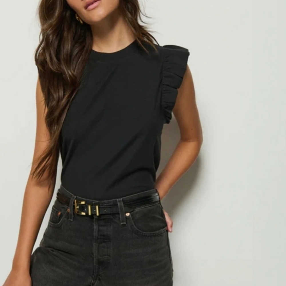 NATION LTD Paulette Tank Flutter Ruffle Sleeve Pima Cotton Slub Jersey